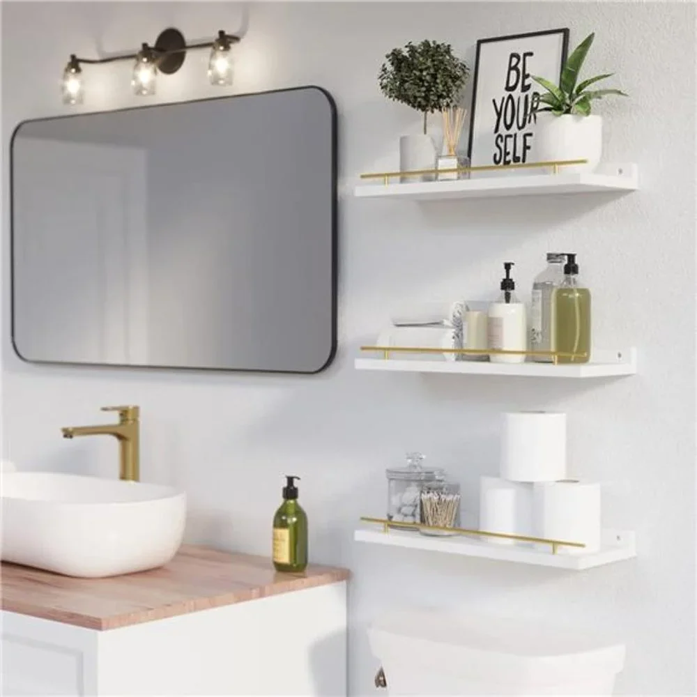 Set of 3 Shelves Gold Metal Guardrail Wall Shelves Bedroom Bathroom